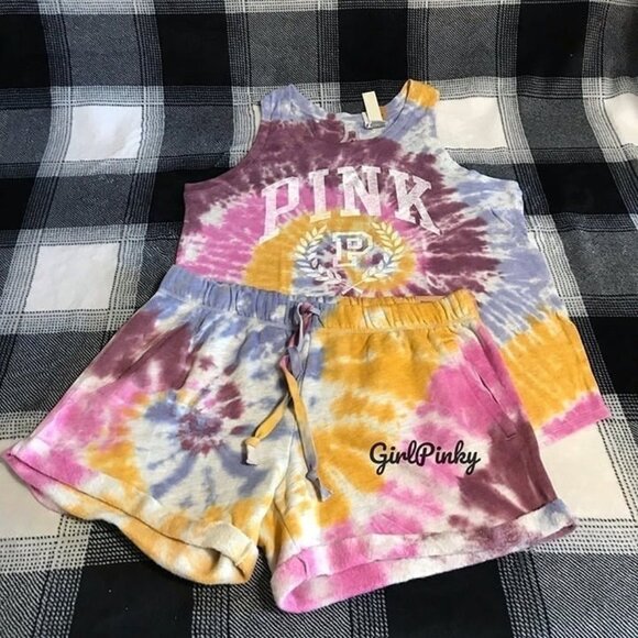 victoria secrets PINK shorts outfit IN TIE DYE & MATCHING LOGO TANK SIZE LARGE - Picture 2 of 7